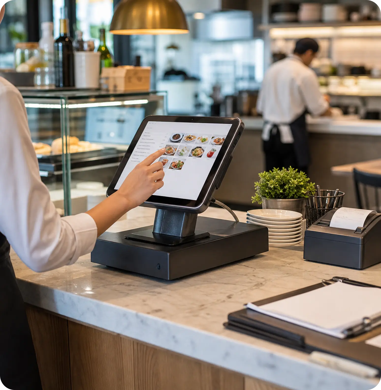 Cliente realizando un pedido en una terminal iOPOS de restaurante